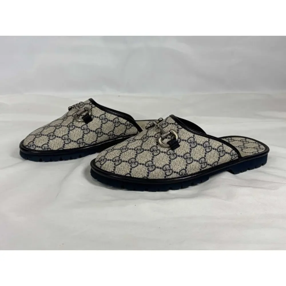 GUCCI Mule Slippers GG Navy Monogram & Silver tone Horsebit Size 5 SPB JA-368398